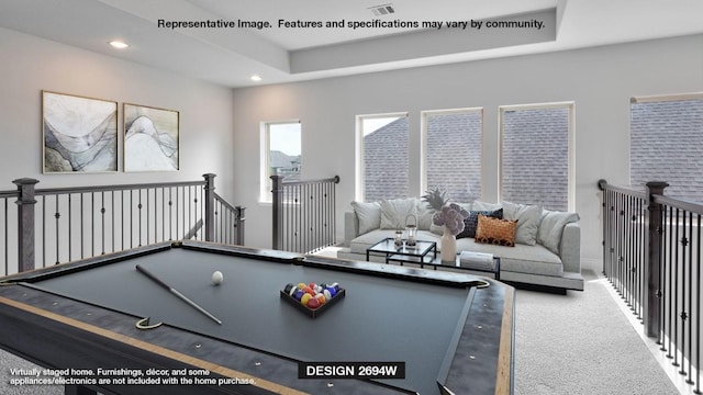 702 Bay Breeze Dr, Kyle, TX 78640 - game room with a tray ceiling, carpet flooring, billiards table, and recessed lighting