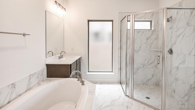 702 Bay Breeze Dr, Kyle, TX 78640 - bathroom featuring a marble finish shower, a bath, and vanity