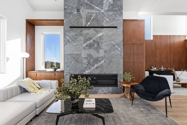 living area featuring a fireplace and wood finished floors