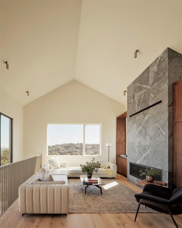 living area with high vaulted ceiling, a healthy amount of sunlight, a fireplace, and light wood-style flooring