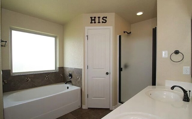 503 W Gemini Ln, Killeen, TX 76542 - bathroom with a bath, tile patterned flooring, double vanity, and a shower