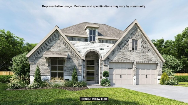 french country inspired facade featuring a garage, brick siding, concrete driveway, stone siding, and a front lawn