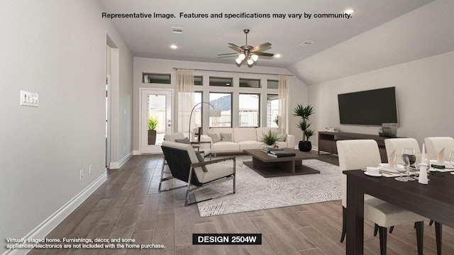 living room featuring lofted ceiling, recessed lighting, wood finished floors, a ceiling fan, and baseboards