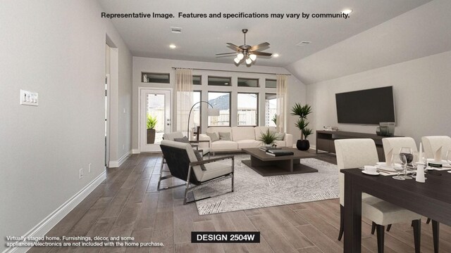 657 Bay Breeze Dr, Kyle, TX 78640 - living room featuring a ceiling fan, wood finished floors, vaulted ceiling, and recessed lighting