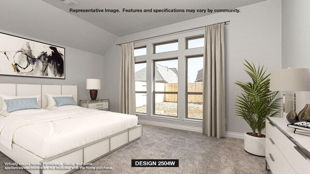 657 Bay Breeze Dr, Kyle, TX 78640 - bedroom with lofted ceiling, multiple windows, and light colored carpet