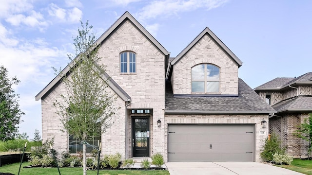 657 Bay Breeze Dr, Kyle, TX 78640 - french country inspired facade with brick siding, concrete driveway, an attached garage, and roof with shingles