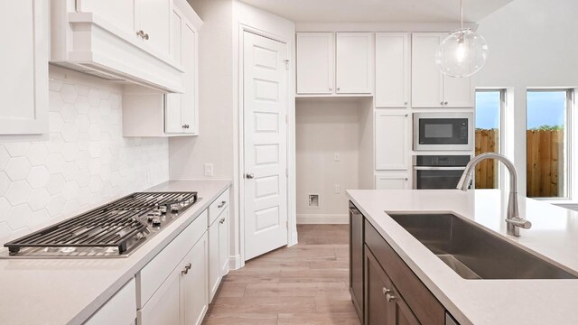 657 Bay Breeze Dr, Kyle, TX 78640 - kitchen with appliances with stainless steel finishes, premium range hood, light wood-style flooring, white cabinetry, and light countertops