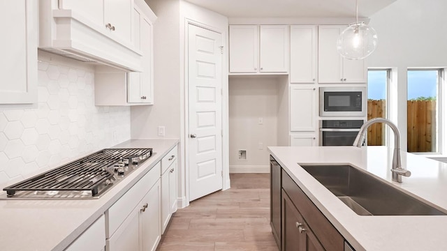 657 Bay Breeze Dr, Kyle, TX 78640 - kitchen with appliances with stainless steel finishes, under cabinet range hood, light wood-style flooring, white cabinetry, and light countertops