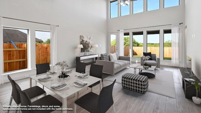 657 Bay Breeze Dr, Kyle, TX 78640 - dining space with a high ceiling and wood finished floors