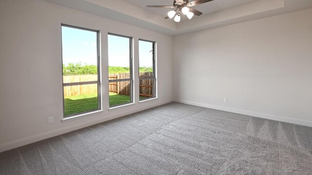 657 Bay Breeze Dr, Kyle, TX 78640 - unfurnished room with carpet flooring, a ceiling fan, and a tray ceiling