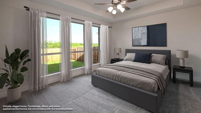 657 Bay Breeze Dr, Kyle, TX 78640 - bedroom featuring carpet flooring, a raised ceiling, and ceiling fan