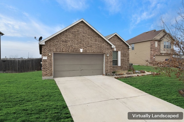 view of front of home featuring a front yard, brick siding, driveway, and an attached garage