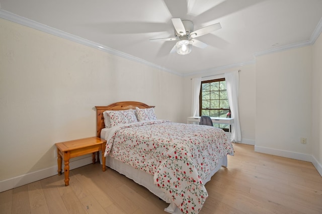 4704 Wild Briar Pass, Austin, TX 78746 - bedroom with baseboards, ornamental molding, light wood-style floors, and a ceiling fan