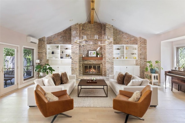 4704 Wild Briar Pass, Austin, TX 78746 - living room with a wall unit AC, brick wall, high vaulted ceiling, a fireplace, and wood finished floors
