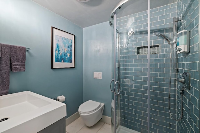 4704 Wild Briar Pass, Austin, TX 78746 - full bathroom with a shower stall, toilet, vanity, and tile patterned floors