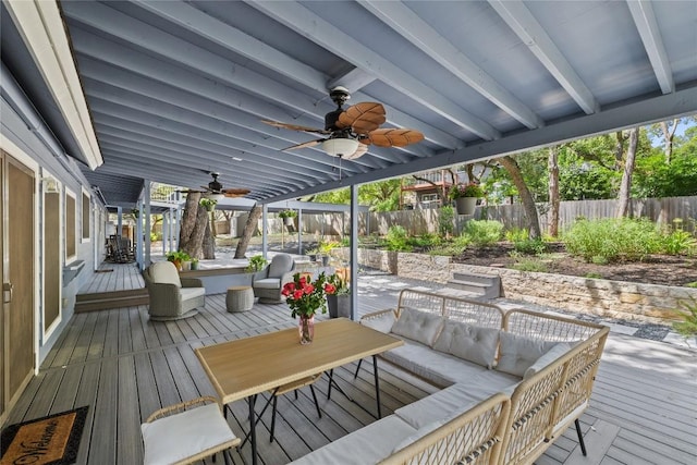 4704 Wild Briar Pass, Austin, TX 78746 - deck with a fenced backyard, ceiling fan, an outdoor living space, and outdoor dining area
