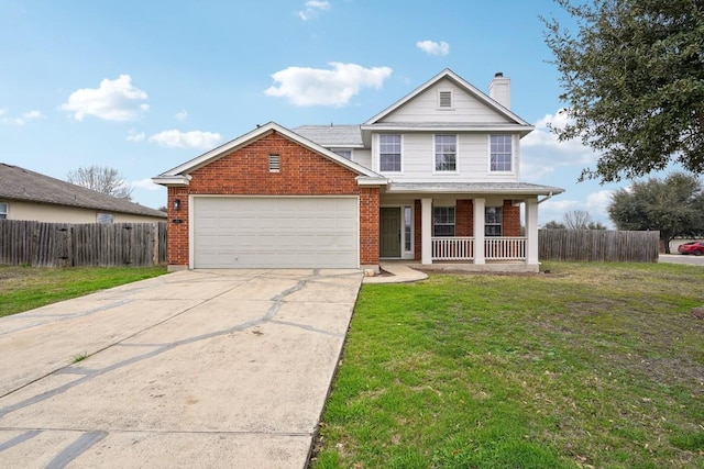 traditional home featuring a porch, brick siding, fence, and a garage