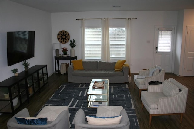 living area featuring dark wood-style flooring and plenty of natural light