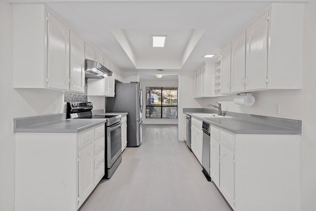 11512 Tin Cup Dr Unit 211, Austin, TX 78750 - kitchen featuring stainless steel appliances, under cabinet range hood, a tray ceiling, white cabinets, and light wood-type flooring