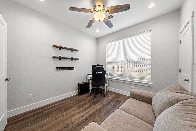 office area with dark wood-style floors, recessed lighting, and baseboards