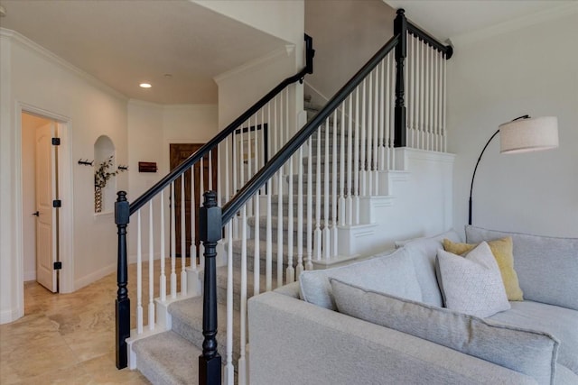 staircase featuring ornamental molding, recessed lighting, and baseboards