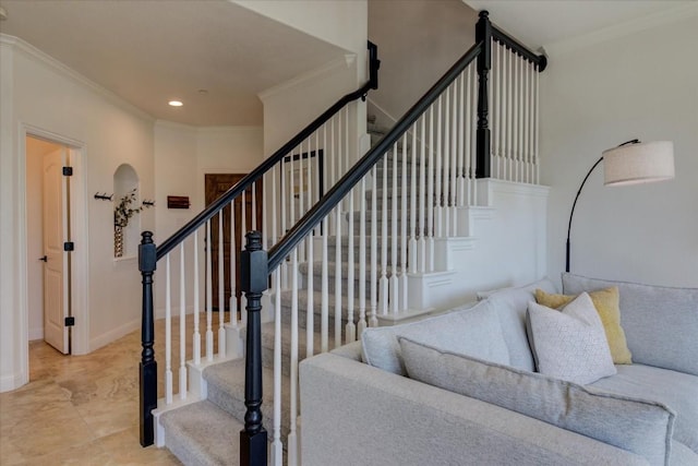 700 Mandarin Flyway Dr Unit 1702, Cedar Park, TX 78613 - stairway featuring ornamental molding, recessed lighting, baseboards, and arched walkways