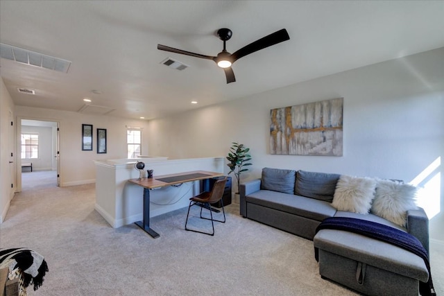 office area with light carpet, recessed lighting, visible vents, and baseboards