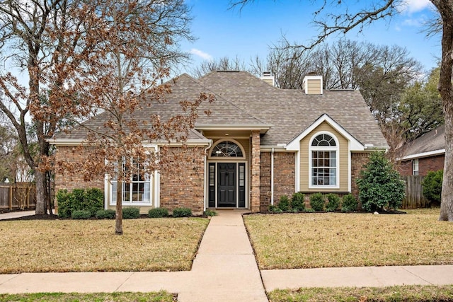 view of front of property featuring brick siding, fence, roof with shingles, a chimney, and a front yard