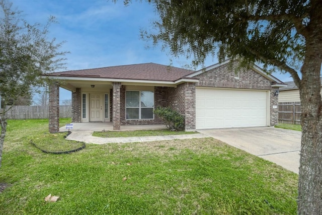 ranch-style house with brick siding, concrete driveway, a front yard, fence, and a garage