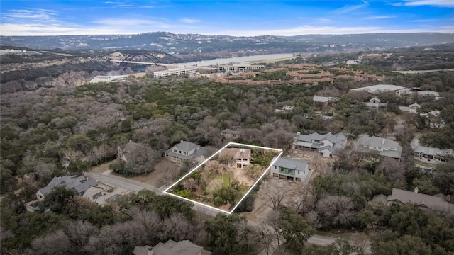 drone / aerial view featuring a mountain view