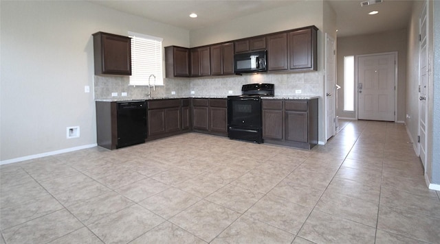 116 Four Star Dr, Elgin, TX 78621 - kitchen featuring black appliances, tasteful backsplash, dark brown cabinets, light tile patterned floors, and recessed lighting