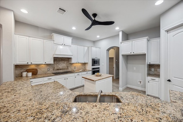 17813 Kingfisher Ridge Dr, Lago Vista, TX 78645 - kitchen with appliances with stainless steel finishes, arched walkways, a ceiling fan, a sink, and light stone countertops