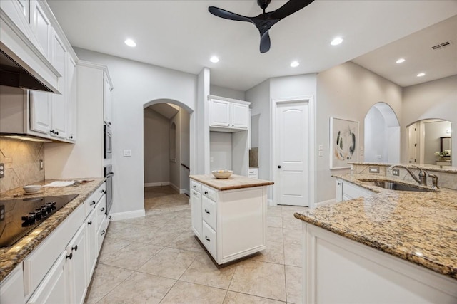 17813 Kingfisher Ridge Dr, Lago Vista, TX 78645 - kitchen with arched walkways, black electric cooktop, a sink, ceiling fan, and recessed lighting