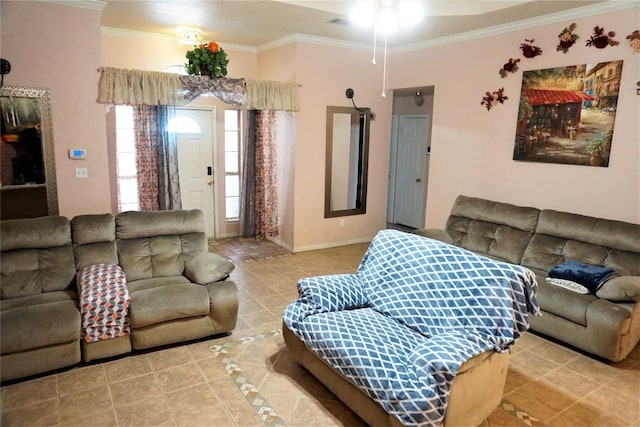 living room featuring ornamental molding, tile patterned flooring, and ceiling fan