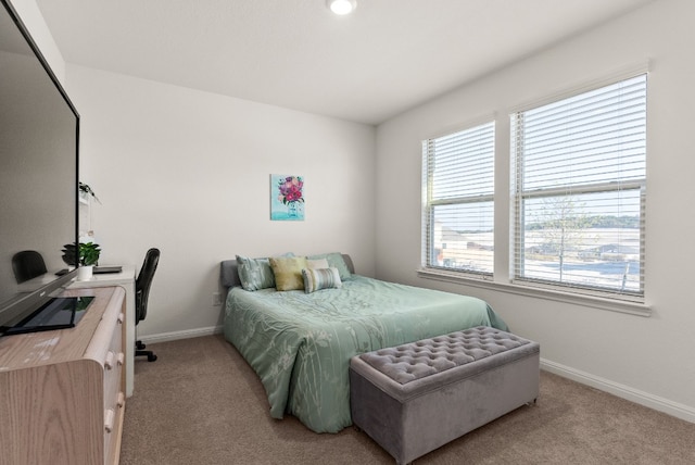 bedroom with light carpet, multiple windows, and baseboards