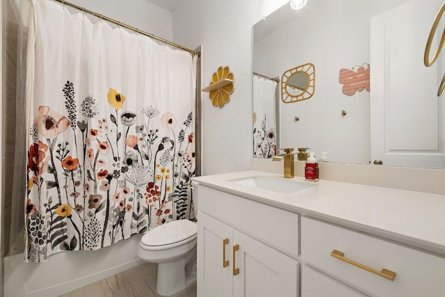 bathroom featuring toilet, shower / bathtub combination with curtain, and vanity