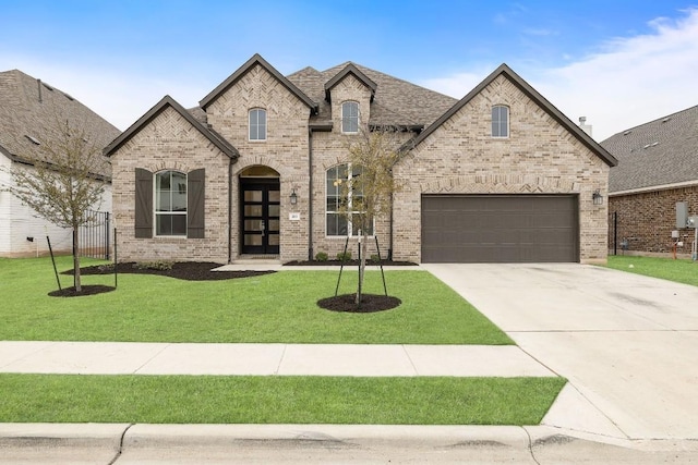 french country inspired facade with roof with shingles, a front lawn, concrete driveway, and brick siding