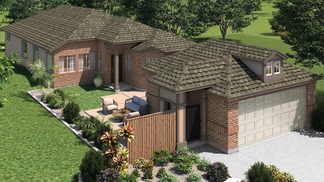 view of front of home with concrete driveway, brick siding, an attached garage, and a front yard