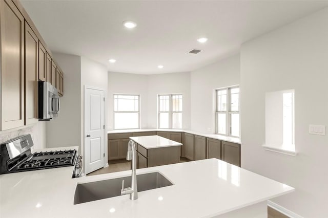 359 Witchhazel Way, San Marcos, TX 78666 - kitchen featuring appliances with stainless steel finishes, a sink, healthy amount of natural light, light countertops, and recessed lighting