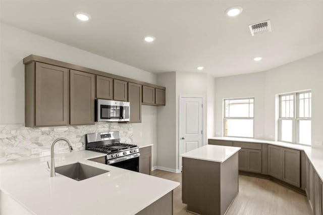 359 Witchhazel Way, San Marcos, TX 78666 - kitchen with appliances with stainless steel finishes, a sink, light wood-style flooring, a peninsula, and backsplash