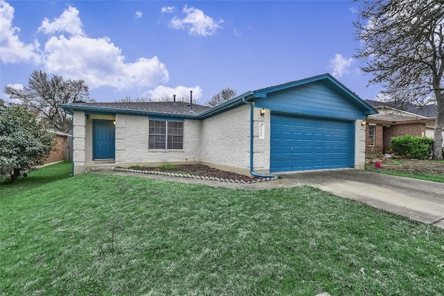 ranch-style home with a front yard, concrete driveway, and an attached garage