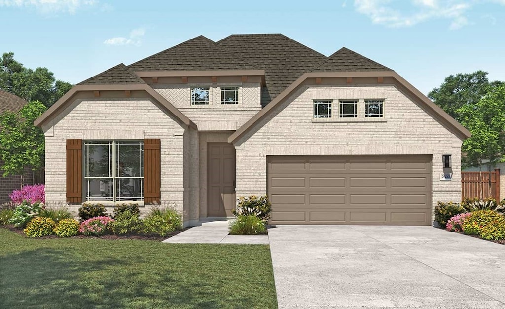 view of front facade featuring brick siding, driveway, a front lawn, and roof with shingles