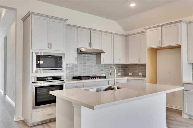 263 Diamondleaf Dr, Buda, TX 78610 - kitchen featuring stainless steel appliances, a sink, decorative backsplash, vaulted ceiling, and light countertops