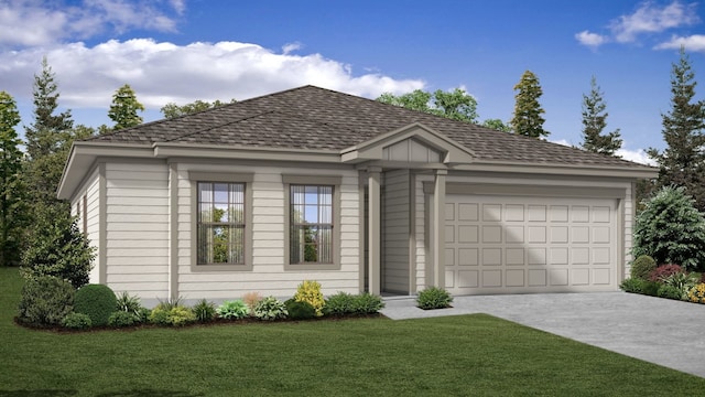 view of front of property featuring concrete driveway, roof with shingles, an attached garage, and a front yard