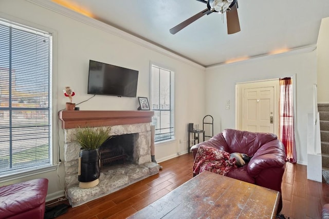 2529 Rio Grande St Unit 7, Austin, TX 78705 - living room with ornamental molding, wood finished floors, a ceiling fan, plenty of natural light, and a fireplace