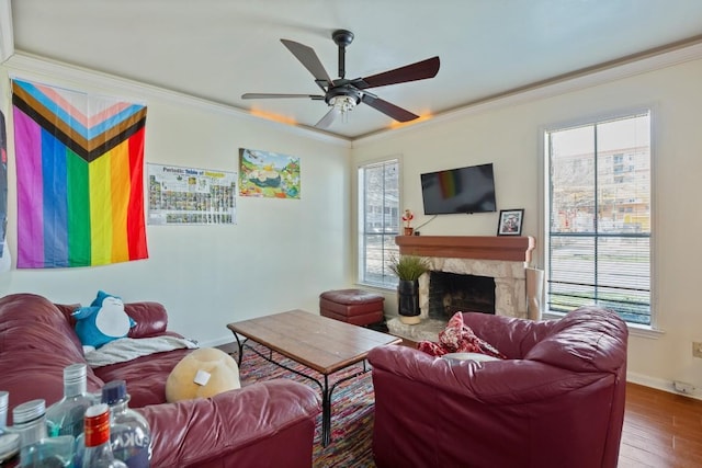 living area featuring a stone fireplace, ornamental molding, and plenty of natural light