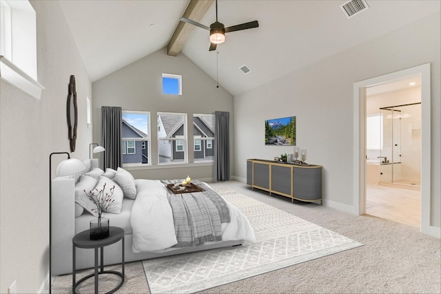 bedroom featuring beamed ceiling, carpet floors, ensuite bathroom, high vaulted ceiling, and baseboards