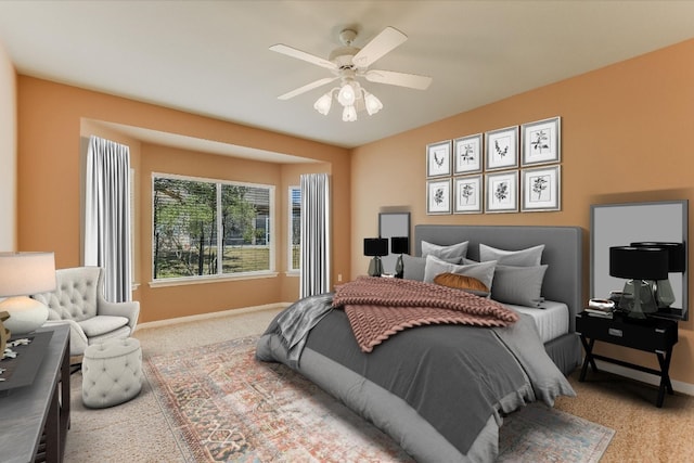 bedroom with light colored carpet, ceiling fan, and baseboards