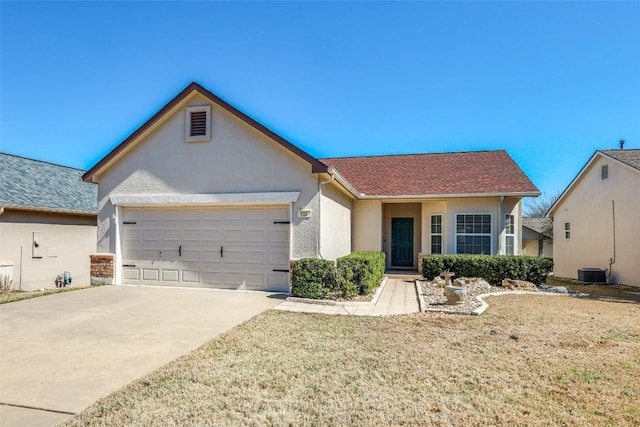 ranch-style house featuring driveway, a garage, central AC unit, roof with shingles, and stucco siding