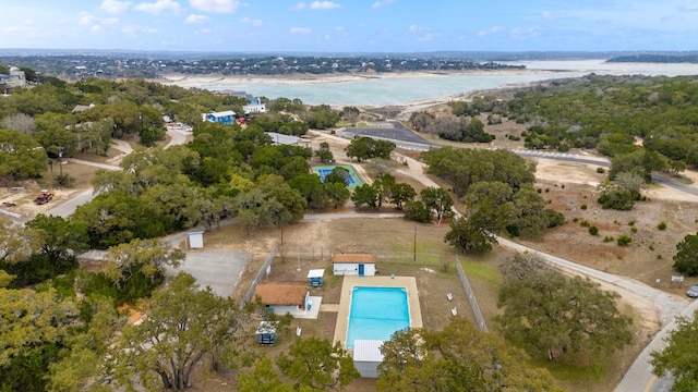 578 Firefly Dr, Canyon Lake, TX 78133 - aerial overview of property's location featuring a pool and a large body of water